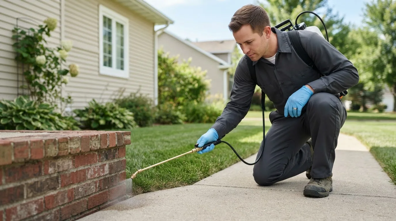 Pest control technician treating a home near Reeseville, WI