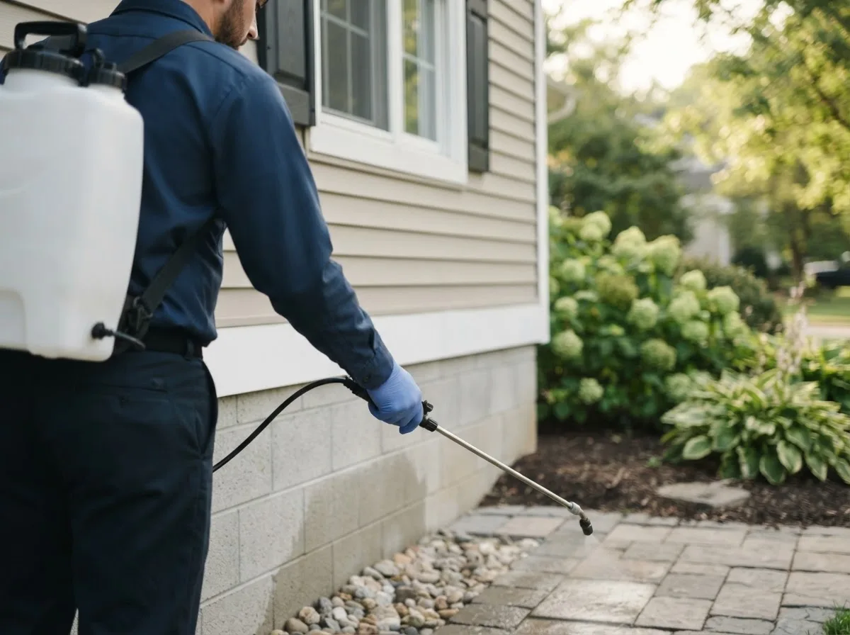 Pest control technician inspecting a home in Reeseville, WI